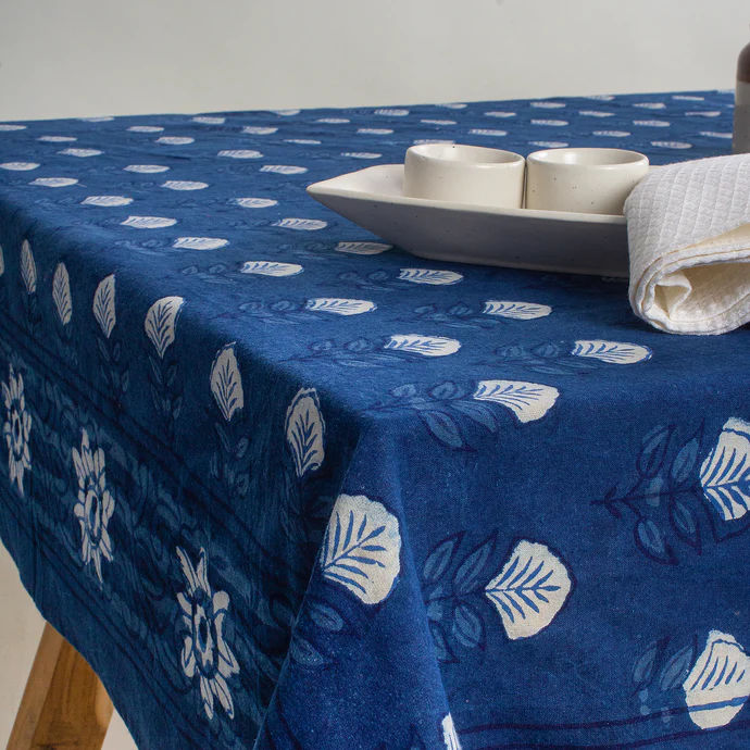 Premium Indigo Floral Printed Soft Cotton Table Cover Cloth